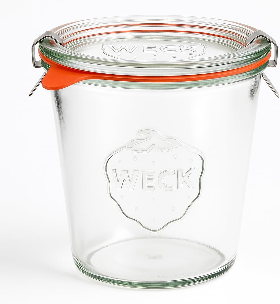24x Sturzglas 580 ml + gratis Rezeptheft zum Download, inkl. Glasdeckel, Einkochringen und Klammern, Einmachgläser zum Haltbarmachen, Mealprep I Made in Germany