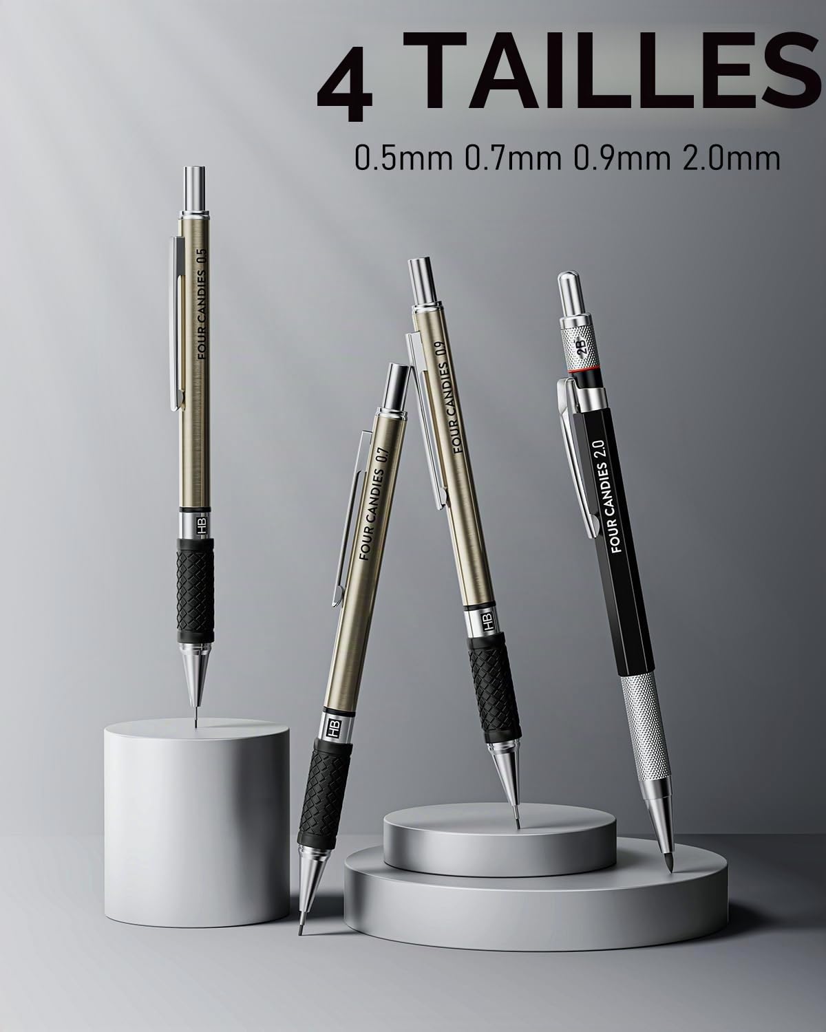 Four Candies Criterium Dessin, Esquisse Crayon Mécanique Porte Mines en Métal 0,5. 0,7. 0,9 . 2 mm (Coloré HB 2H 2B 4B) Jeu de 25