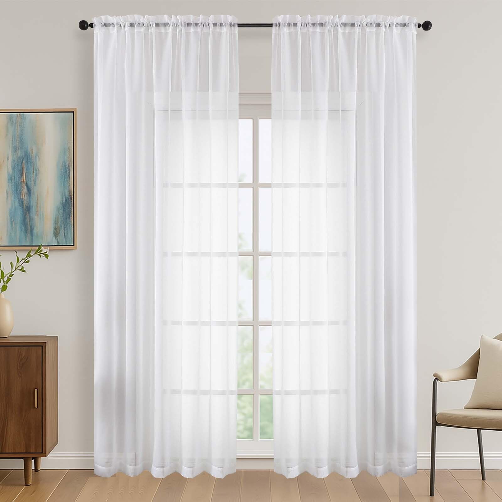 OVZME White Bedroom Curtains 2 Panel Sets 90 Inch Length, 59 Inch Extra Wide Light Filtering Light Weight Soft Window Treatment Panels for Study Room