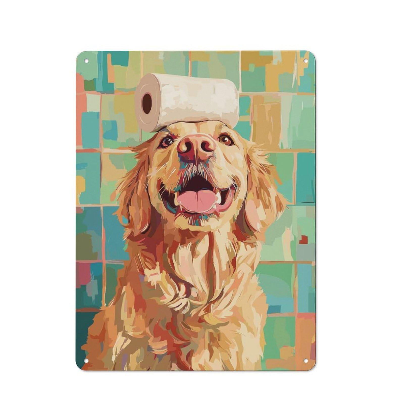 Junmoney Style-17 Metal Plaque With Golden Retriever With Toilet Paper Hat Design 40X30cm, Retro Kitchen Wall Decor For Bakery, Diner, Cafe Or Family Room