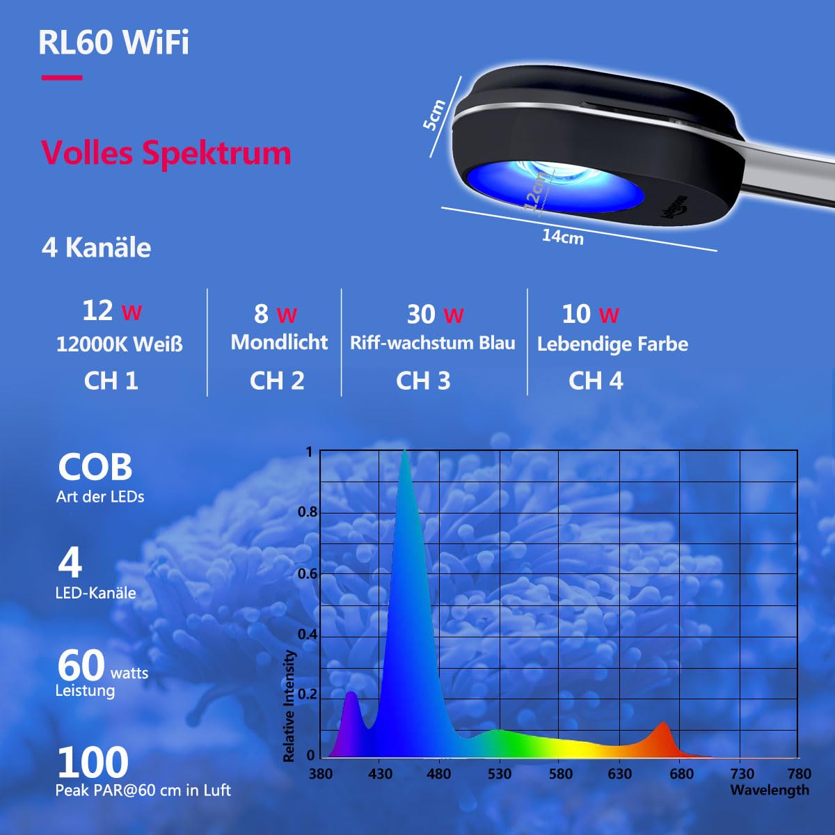 PopBloom APP-Kontrolle meerwasser aquarium led beleuchtung led lampen reef coral aquarium für 30-60cm Salzwasser Marine (60W (Schwarz))