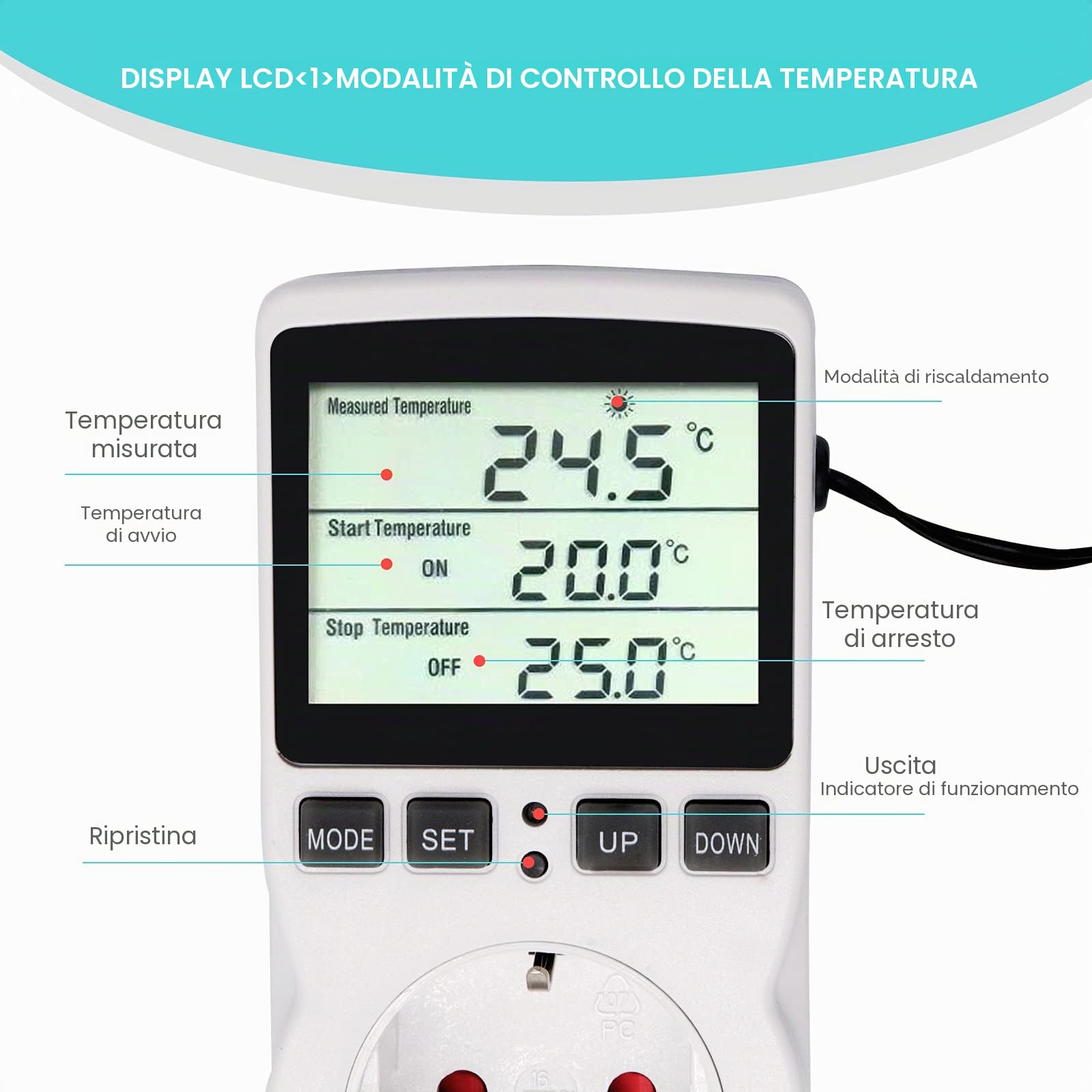 RUIZHI Digitale Termostato Regolatore Temperatura LCD Multifunzione con Timer e Sonda per Serra, Acquario, Riscaldamento, Terrario, Acquario, Rettili, Incubatore (EU)