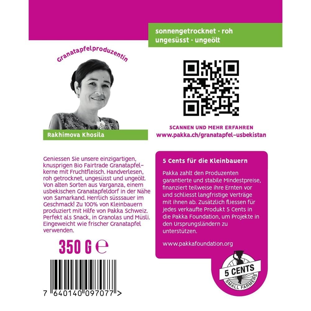PAKKA – Chicchi di melograno bio essiccati, melograni “King” Fairtrade essiccati al sole da Samarcanda, Uzbekistan, (350 g)