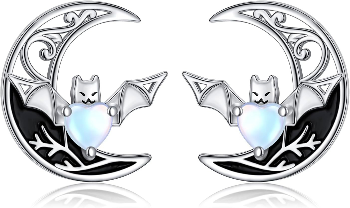 925 Sterling Silver Bat Moonstone Stud Earrings for Women Hypoallergenic Animal Earring Jewelry Gifts for Halloween Christmas Birthday