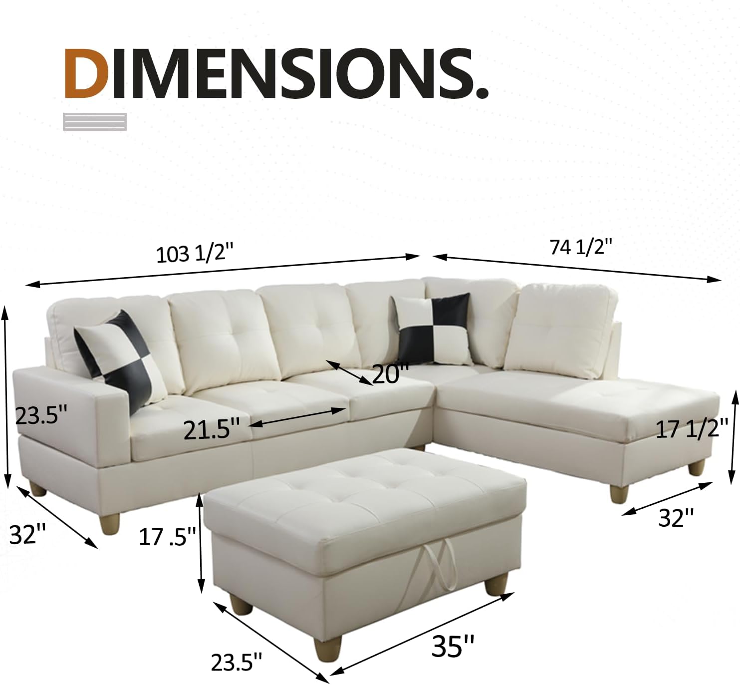 Living Room Furniture Set Faux Leather Sectional Sofa Set, Modern L-Shaped with Storage Ottoman Couch Set for Living Room Furniture/Office/Apartment(Faux Leather,F-White,Right Chaise)