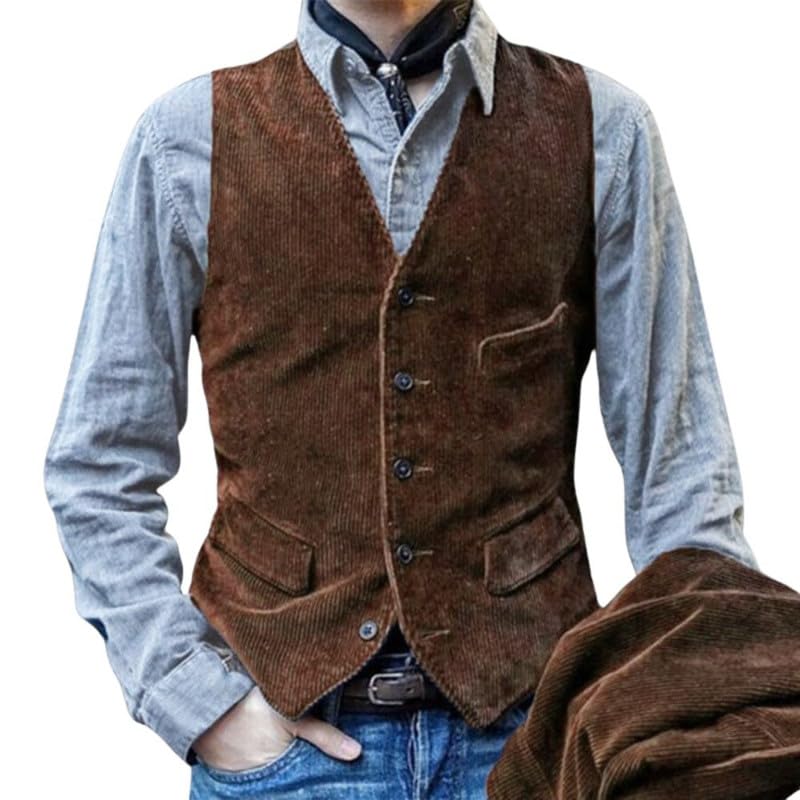 Men’s Corduroy Vest Vintage V-Neck Slim Fit Suit Waistcoat Casual Sleeveless with Pockets-image-5