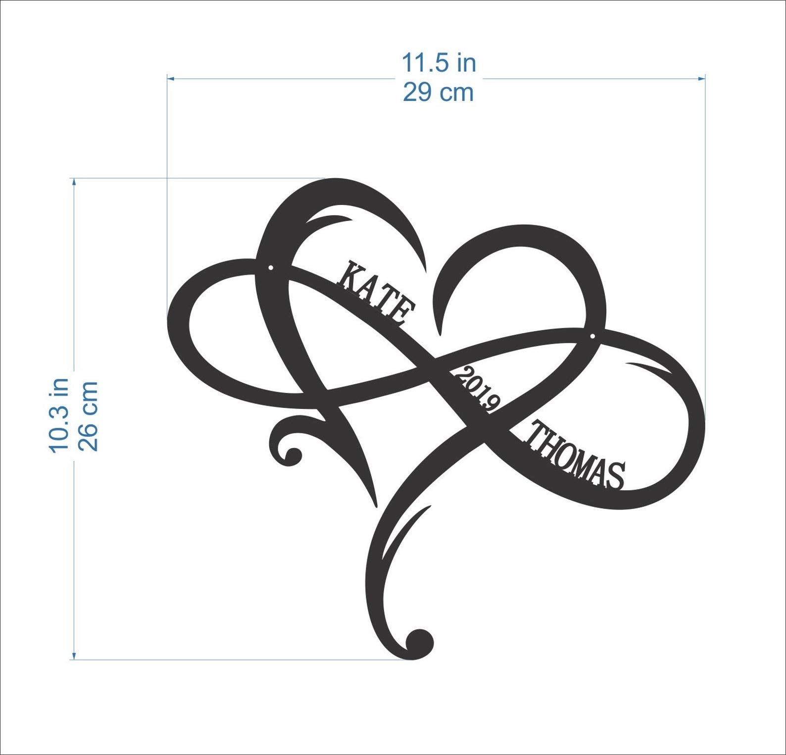 Signe en Bois Personnalisé, Forme de Cœur avec Symbole Infini, Cadeau de Mariage pour Les Couples, 2 Noms Année et Cœur, Cadeau de Saint-Valentin Rustique, Plaque d'amour Custom en MDF, 26 cm x 29 cm