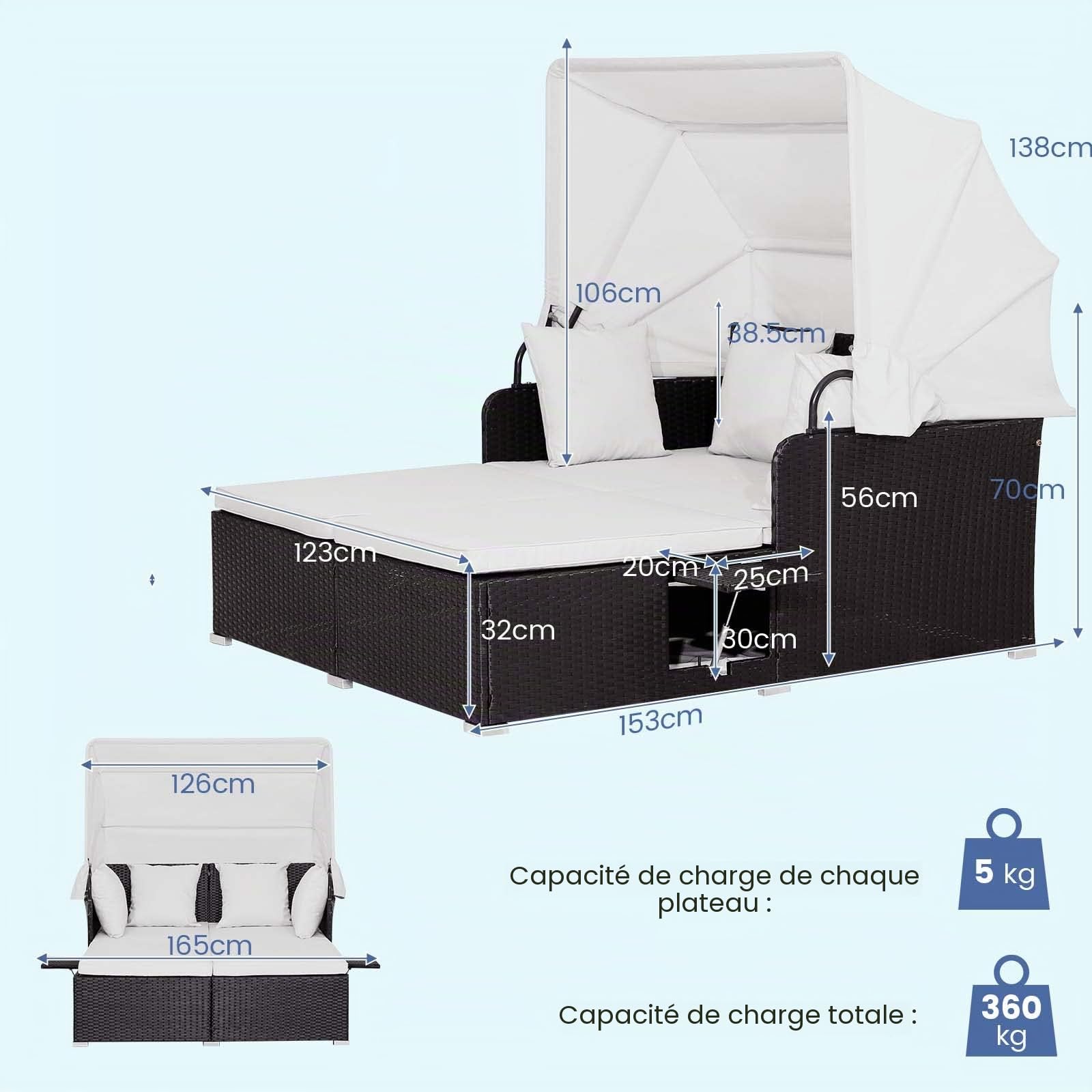 LIFEZEAL Chaise Longue Bain de Soleil à 2 Places, Canapé-lit de Jardin Extérieur avec Pare-Soleil, Transat en Rotin PE avec Coussin et Petite Table Basse, Charge de 360 KG, Blanc et Noir
