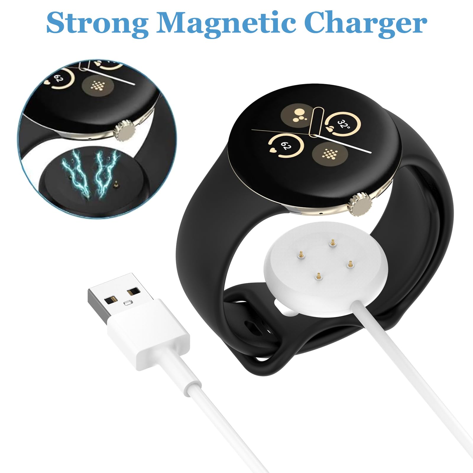 Threeeggs Paquete de 2 cargadores para Google Pixel Watch 3 / Pixel Watch 2, USB-A + cable de carga magnético tipo C de 100 cm, cable de carga para reloj inteligente Google Pixel Watch2