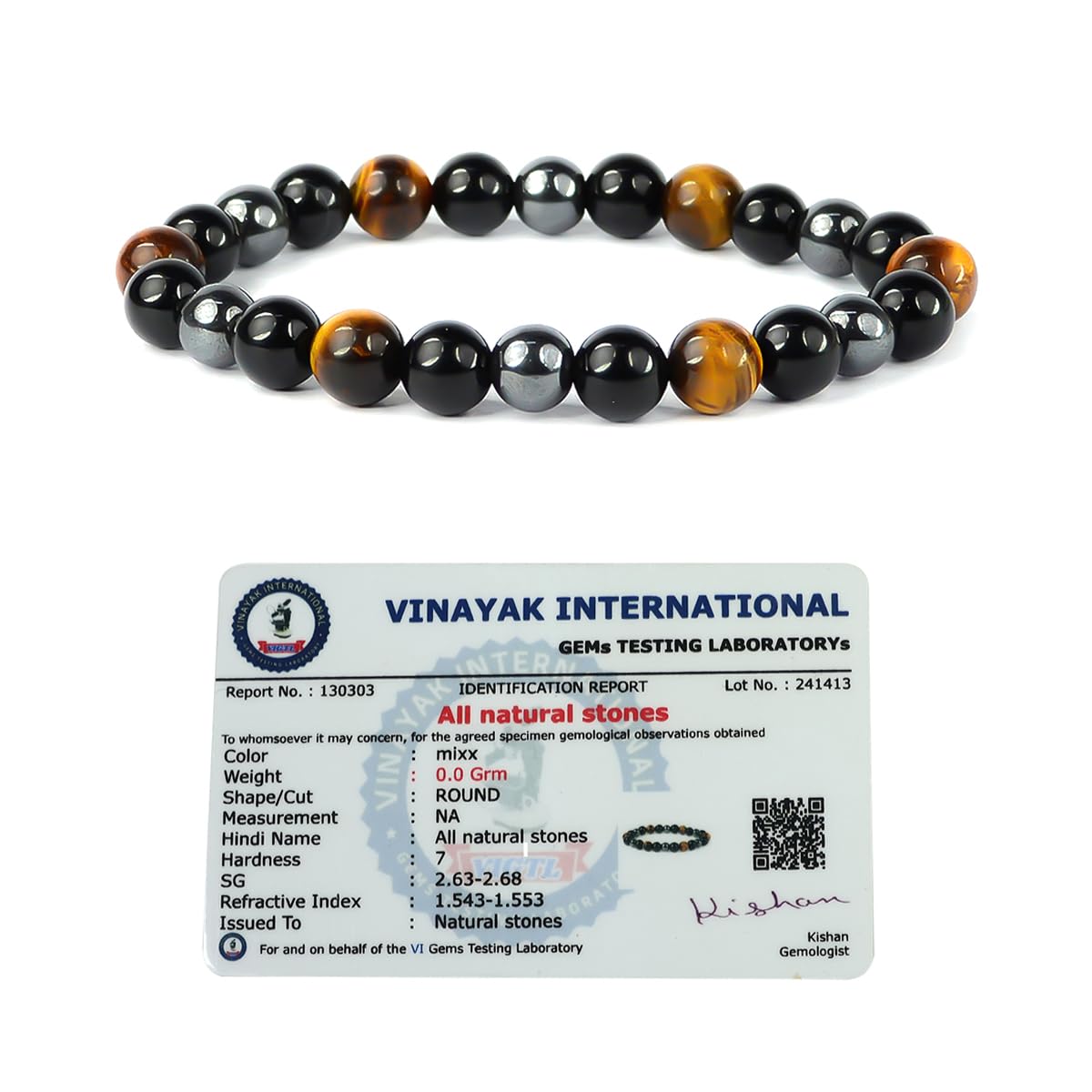 Certified Triple Protection Bracelet, Natural Hematite, Tiger Eye, Black Tourmaline Gemstone Crystal Beads Stretch Hand Band/Bracelet for Women and Men