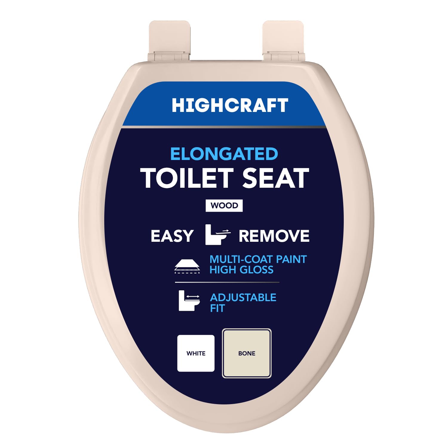 Highcraft B2TSWE Asiento de inodoro alargado de madera moldeada fácil de quitar, bisagra ajustable, hueso