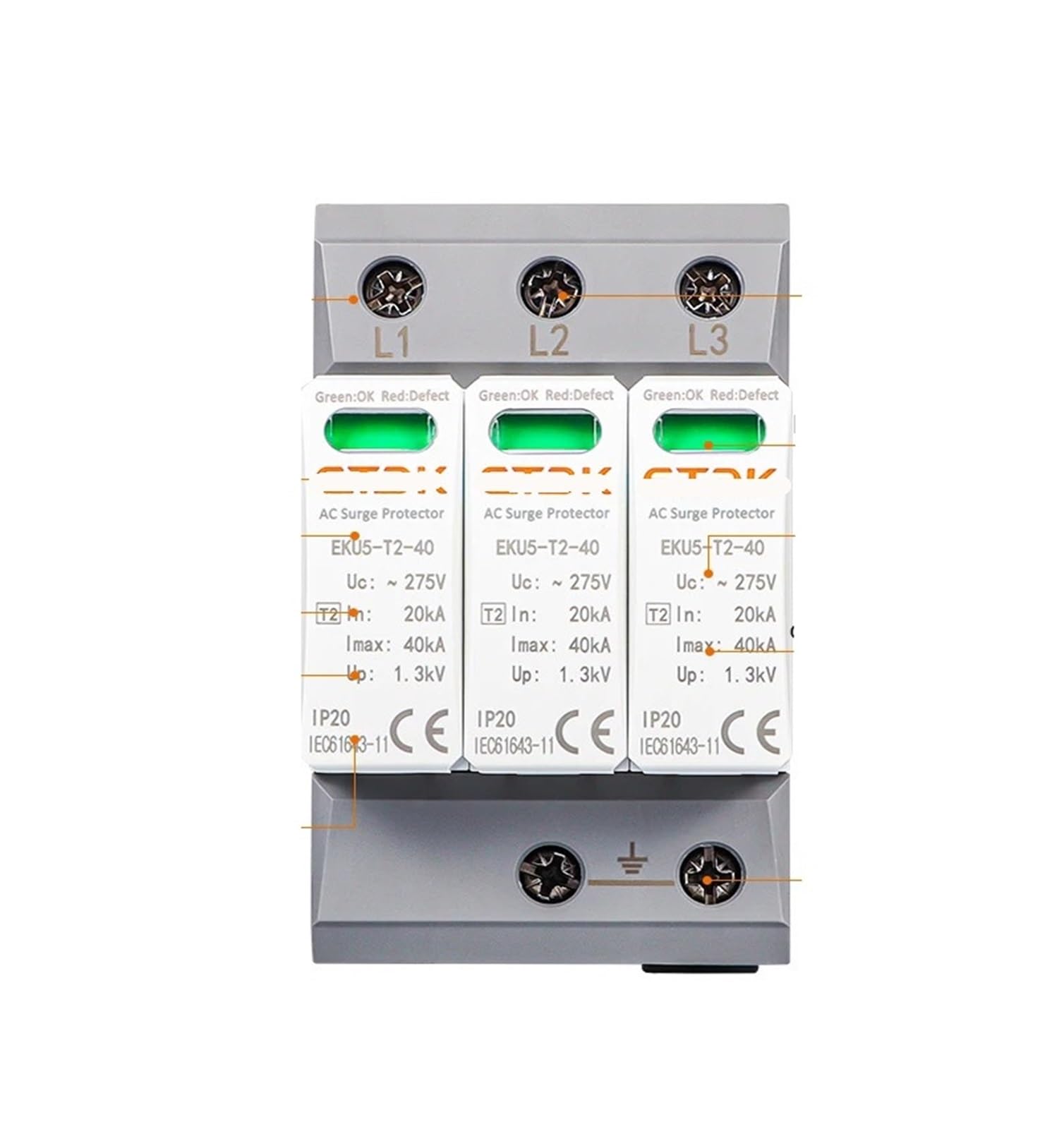 VSPPJYFG House Surge Protector Protector Arrester Protection Type T2 SPD AC 2P 3P 4P 20KA~40KA 275V EKU5(3P 275V)