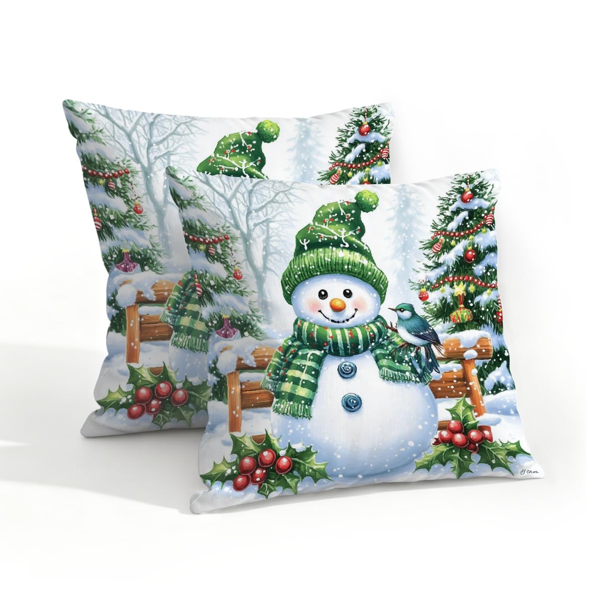 Outdoor Pillow Covers Waterproof Pillowcases 18x18IN Set of 2 Christmas Tree Snowman Green Scarf Decorative Throw Cushion Case for Couch Sofa Garden Patio Furniture