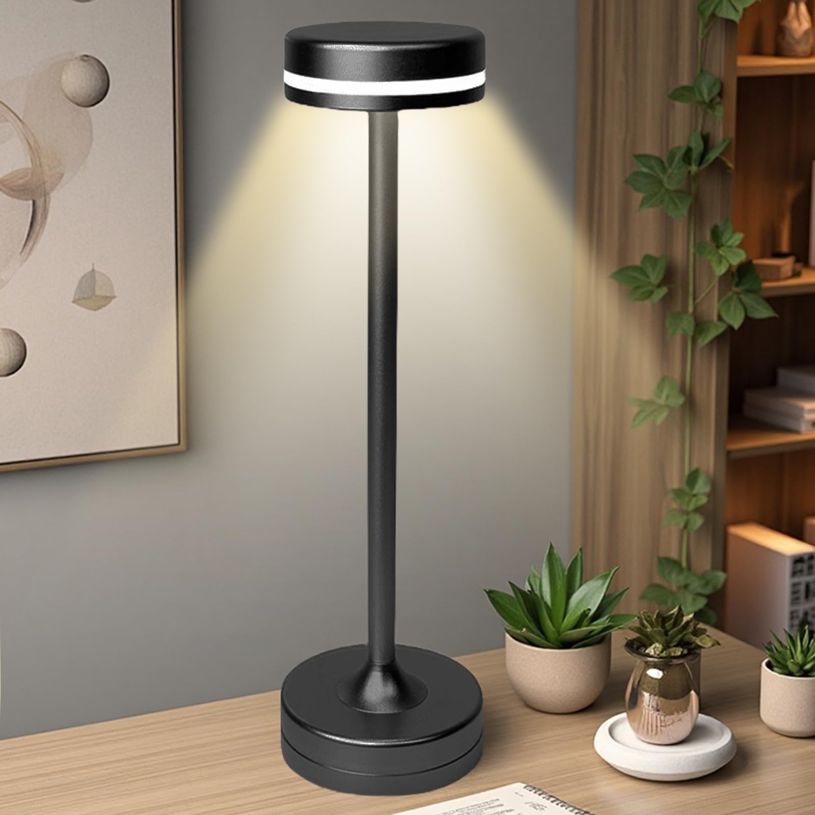 WIYETY Lámpara de mesa LED inalámbrica: 2000 mAh, recargable, lámpara de mesa USB, lámpara de mesa LED regulable, 3 temperaturas de color, para mesa de comedor, lámpara de noche, escritorio (negro)