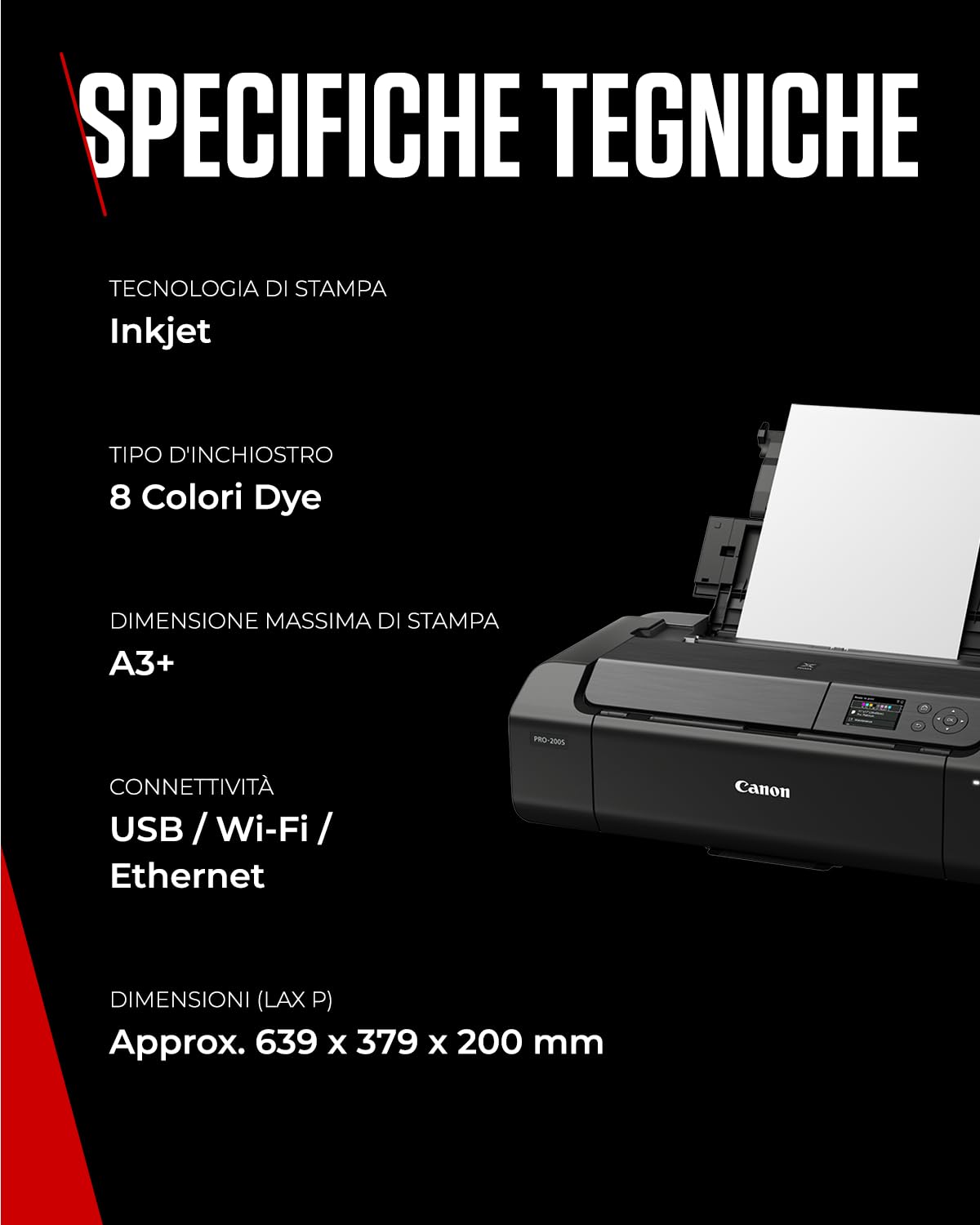 Canon PIXMA PRO-200S Stampante Fotografica - Colori Vivaci, Versatilità, Stampante A3+ - Sistema ad 8 Inchiostri Dye a Colori - 3 Opzioni di Alimentazione - Facile da Usare