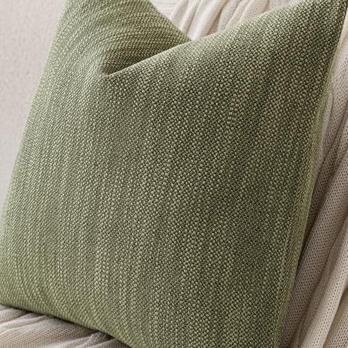 Image of Foindtower Set of 2 Decorative Textured Burlap Linen Throw Pillow Covers Farmhouse Boho Cushion Cover Solid Accent Pillowcase for Couch Sofa Bed Living Room Home Decor,20x20 Inch,Olive Green