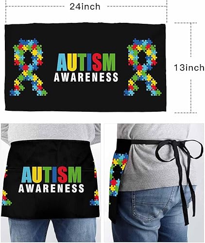 Miniatura 6 de Delantal de media cintura con 3 bolsillos para camarera, cocina, bistró, restaurante, chef, barbacoa, rompecabezas de colores, fractal, pasatiempo,