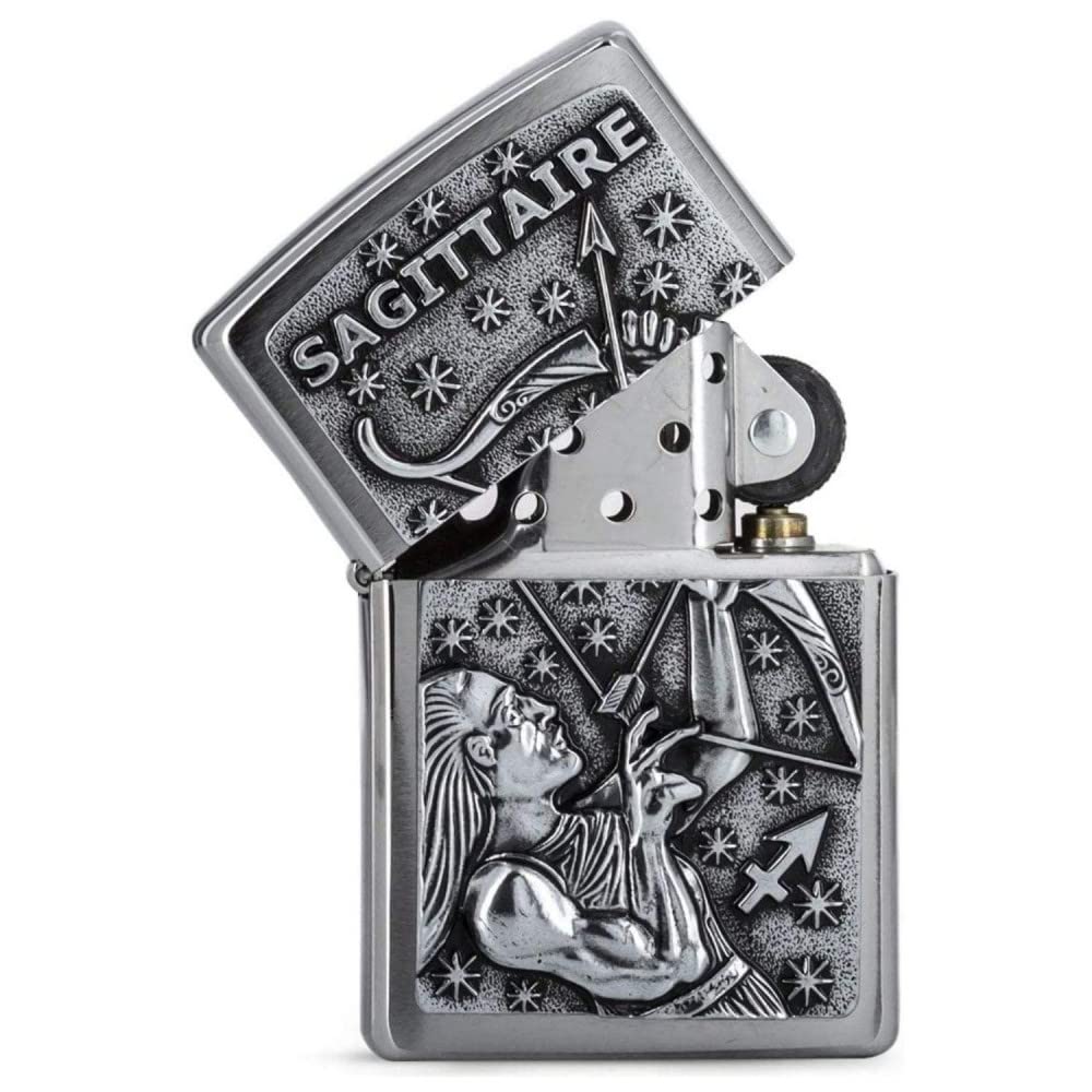 Zippo Zodiac Strzelec Zapalniczka Sztormowa, Emblemat, do Napełniania, Wielokrotnego Użytku, Wiatroodporna Konstrukcja, Pudełko na Prezent, Wykonano w USA, Szczotkowany Chrom