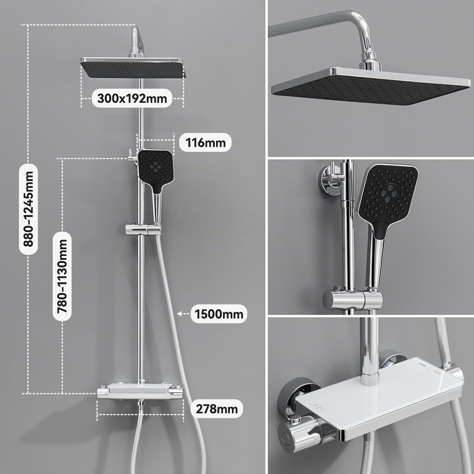 Auralum Columna de Ducha con Grifo Termostático, Columna Ducha con Estante, Rociador Ducha Lluvia 30x19cm, Alcachofa de Ducha 3 Modos con Manguera 1,5m, Duchas de Baño Altura Regulable 88-124cm, Cromo