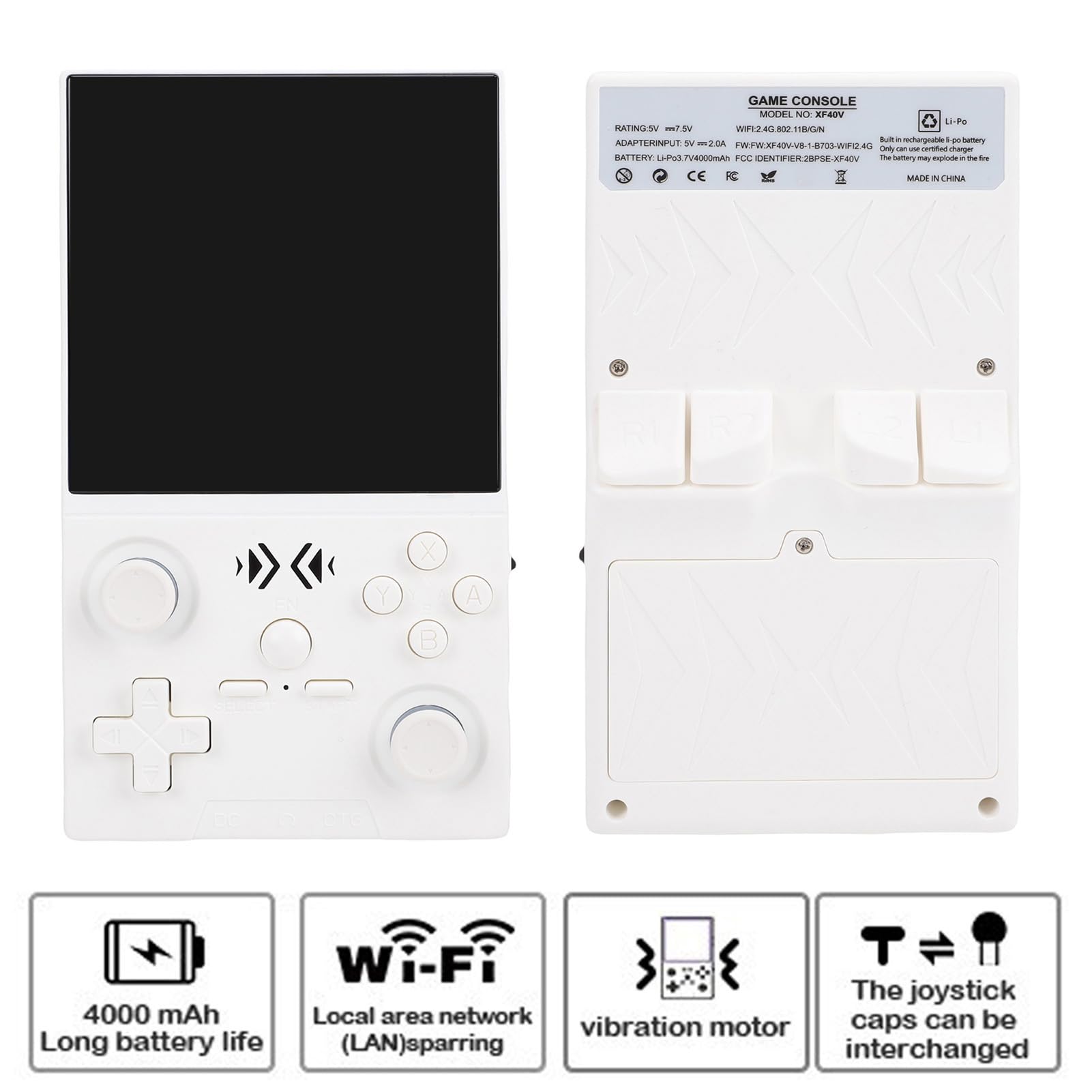 VGEBY Handheld-Spielekonsole, Mini-Retro-Konsole mit 4-Zoll-IPS-Bildschirm, Open-Source--System, Ideal für Retro-Gaming-Enthusiasten (White)