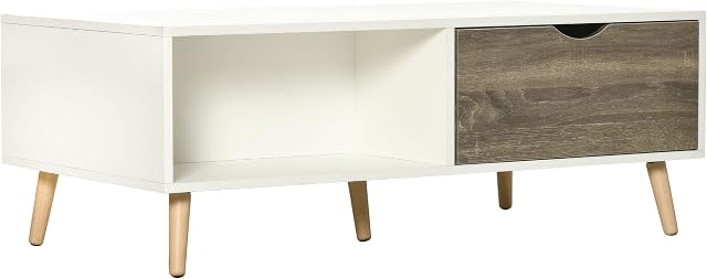 HOMCOM Coffee Table, Modern Tea Table with Open Storage Shelves, Two Drawers and Solid Wood Legs, Coffee Tables for Living Room, Bed Room, White