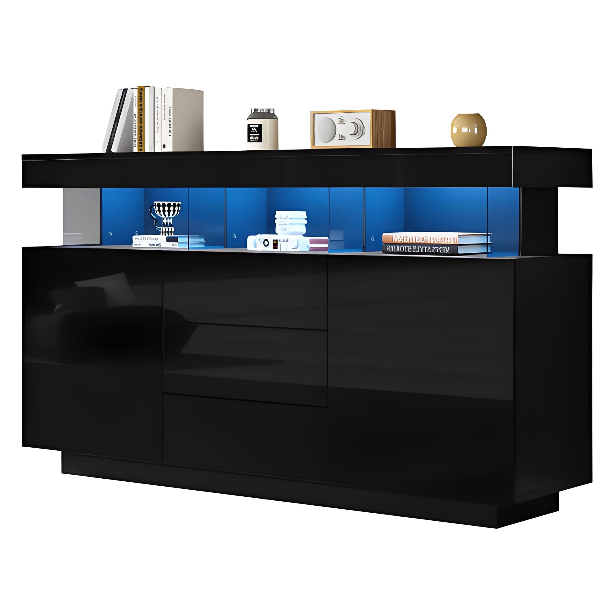 Sideboard Hochglanz 140cm Breit, Sideboard Wohnzimmer mit 16-farbigem Lichtstreifen, Highboard Geeignet für Wohnzimmer und Flur, 140x35x80cm, Schwarz