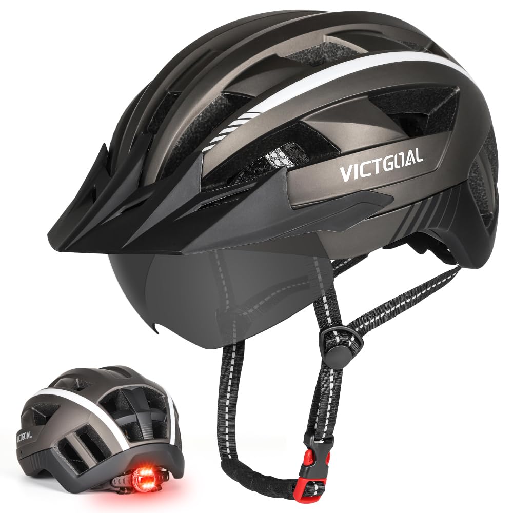 VICTGOAL Casco Bici per Uomini e Donne con luce LED Occhiali Magnetici Staccabili Visiera Rimovibile Caschi da Mountain Bike e Strada Dimensione Regolabile per Adulti