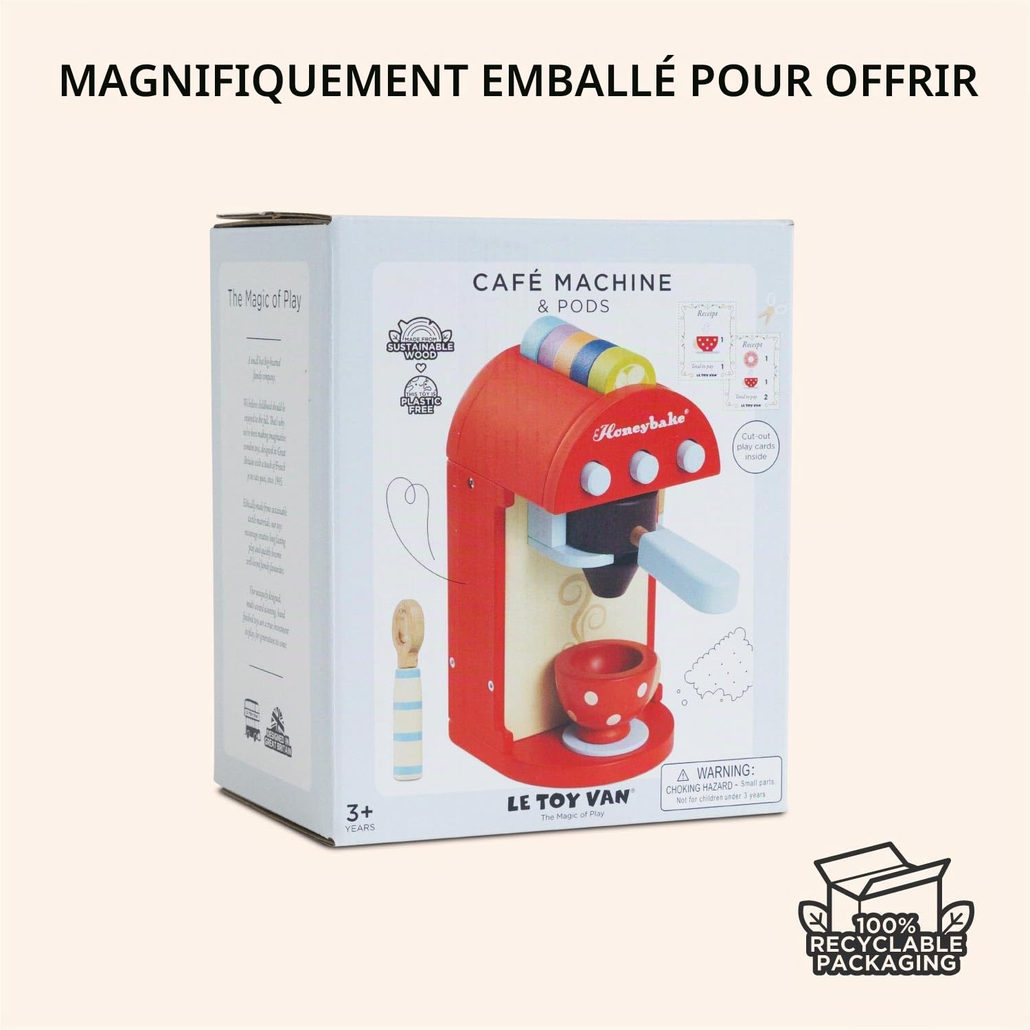 Le Toy Van FSC-Holzspielzeug-Kaffeemaschine, Lernspiel, 3 Jahre, inklusive 5 Pads, 1 Tasse, 1 Löffel, mit einziehbarem Arm, realistisch, Montessori-Spiel