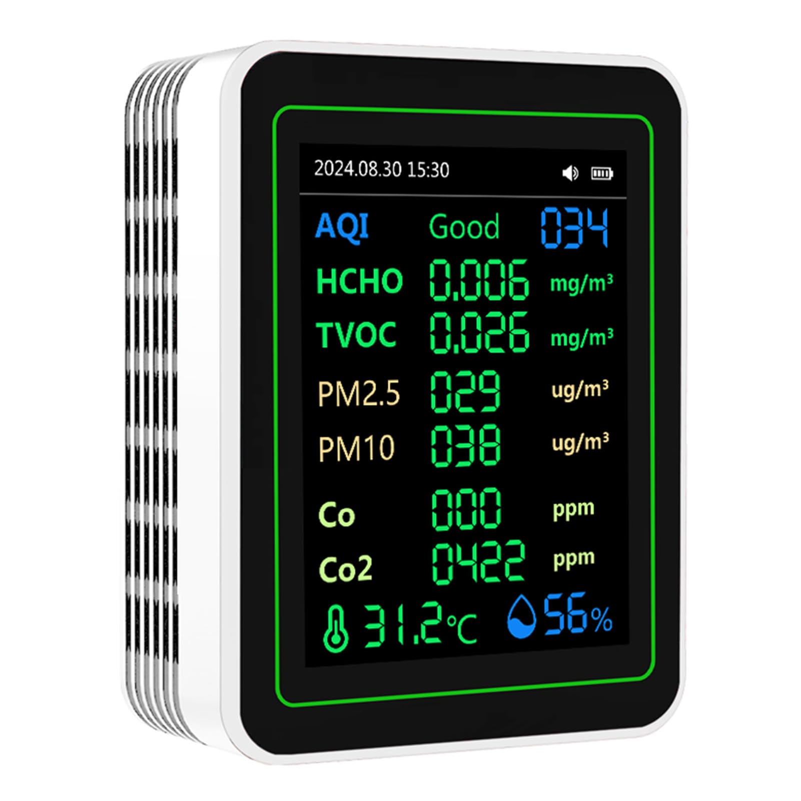 Jeffergarden Rilevatore di CO2 per Monitoraggio della qualità dell'aria con Rilevamento HCHO TVOC PM2.5 PM10 e Schermo TFT per Ufficio Domestico e Viaggi in Auto (WHITE)