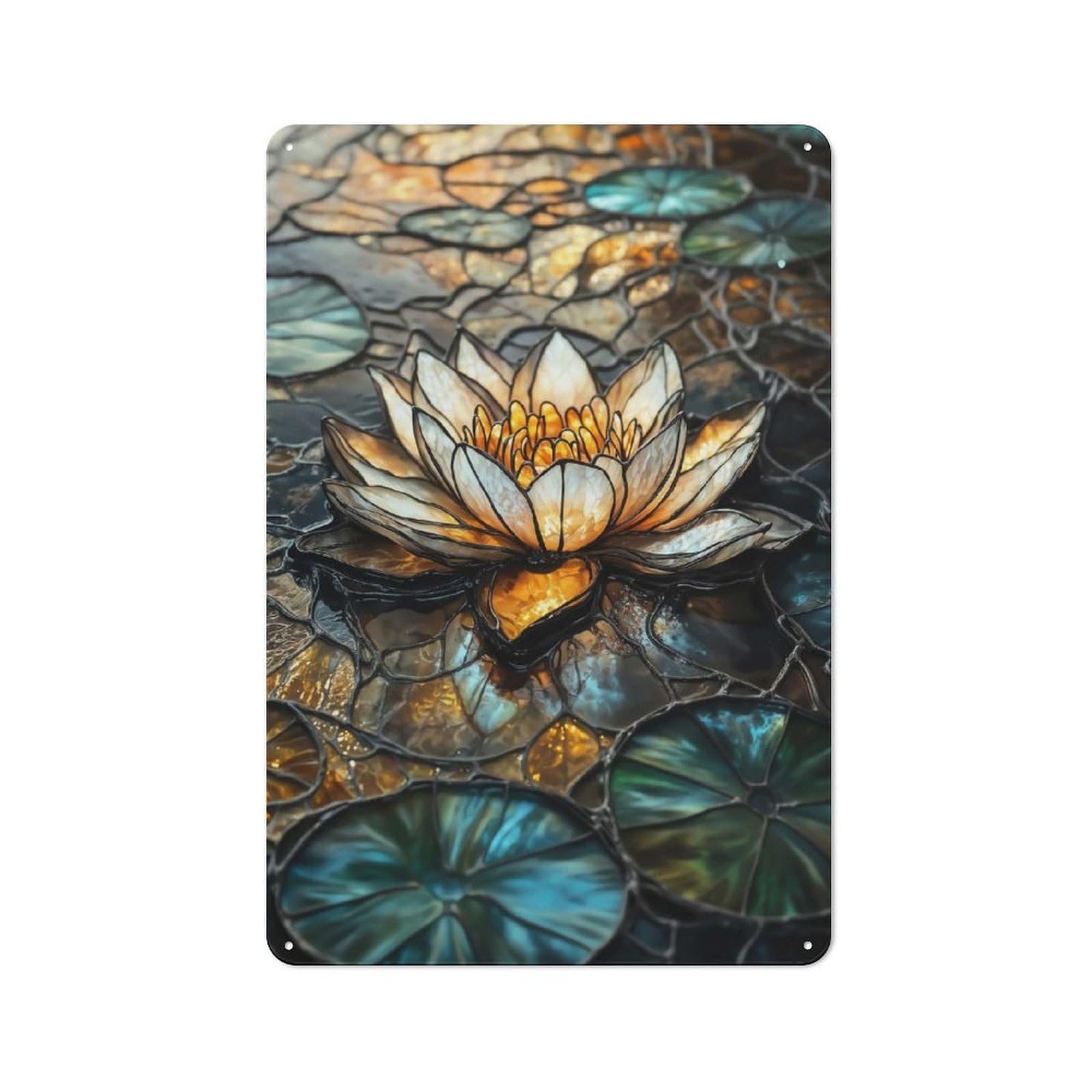 Stained Glass Golden Lotus Vintage Printed Metal Sign 30x20cm for Café Or Home Bar, New Home Wall Decor for Hospitality Decor Collectors