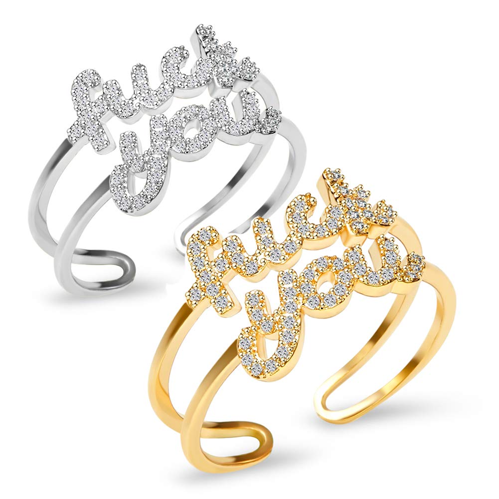 18K Gold Plated Adjustable Rapper Ring Cubic Zirconia Statement Ring Inspirational Gift for Women&Men with a Fine Gift Box