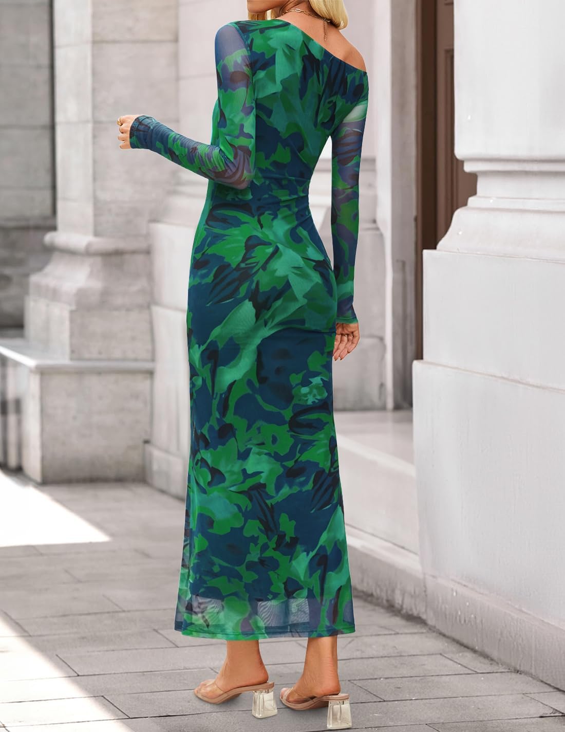 ZESICA Women's Long Sleeve Floral Maxi Dress 2026 Fall Off Shoulder Bodycon Ruched Mesh Cocktail Wedding Guest Dresses - Image 5