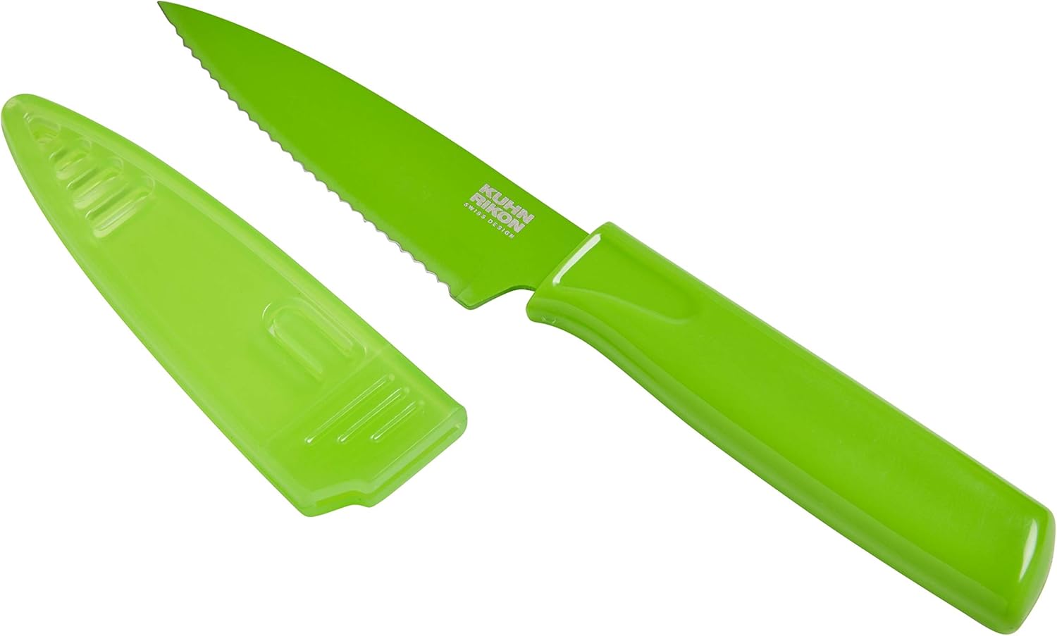 Kuhn Rikon COLORI Straight and Serrated Paring Knife with Safety Sheath, 4 inch/10.16 cm Blade, Set of 2, Green and Yellow