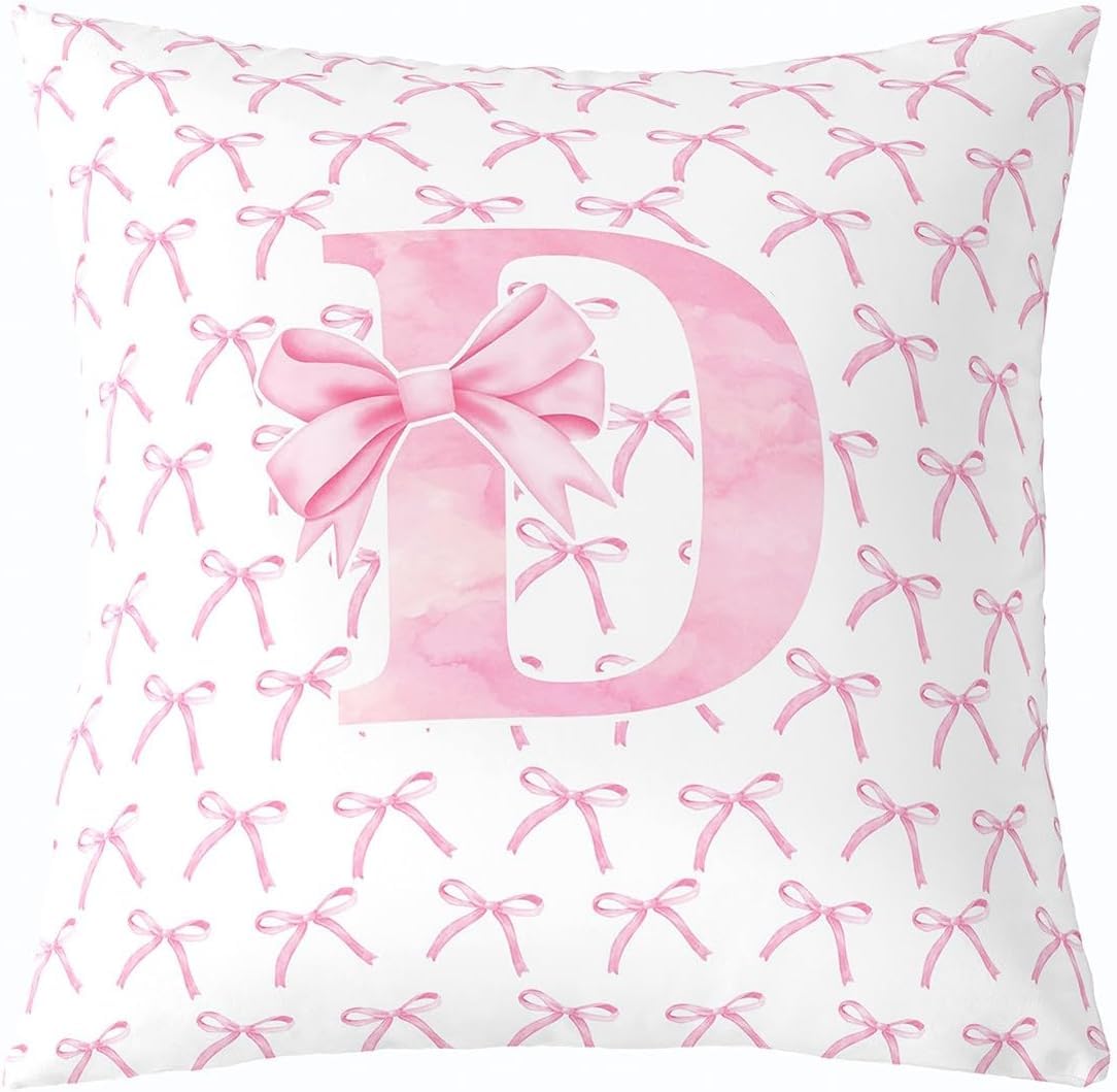 Cartoon Bowknot Kids Throw Pillow Cover,Pink Bow Tie Letter D Knot Princess Double Sides Pillow Case Girls Women,Watercolor Bow Patchwork Pink White Bed Couch Sofa Cushion Cover,Single Pack 18"x18" — image 1