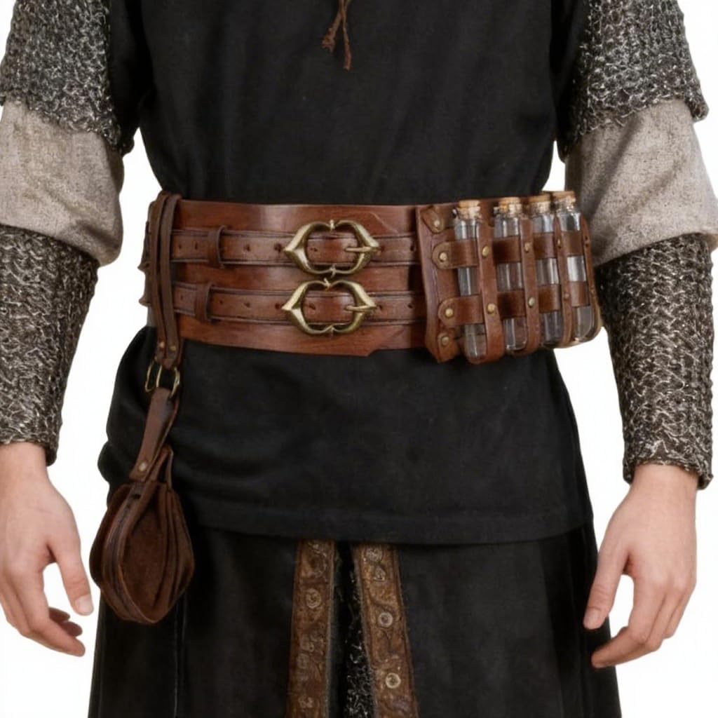 Medieval Viking Wide Belt - Renaissance Faux Leather Pirate Belt Pouch for Men & Women LARP, Halloween, Cosplay Party
