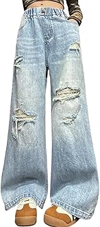 NABER Kids Girls Elastic Waist Cool Ripped Jeans Washed Denim Wide Leg Ripped Denim Jean Age 5-15 Years