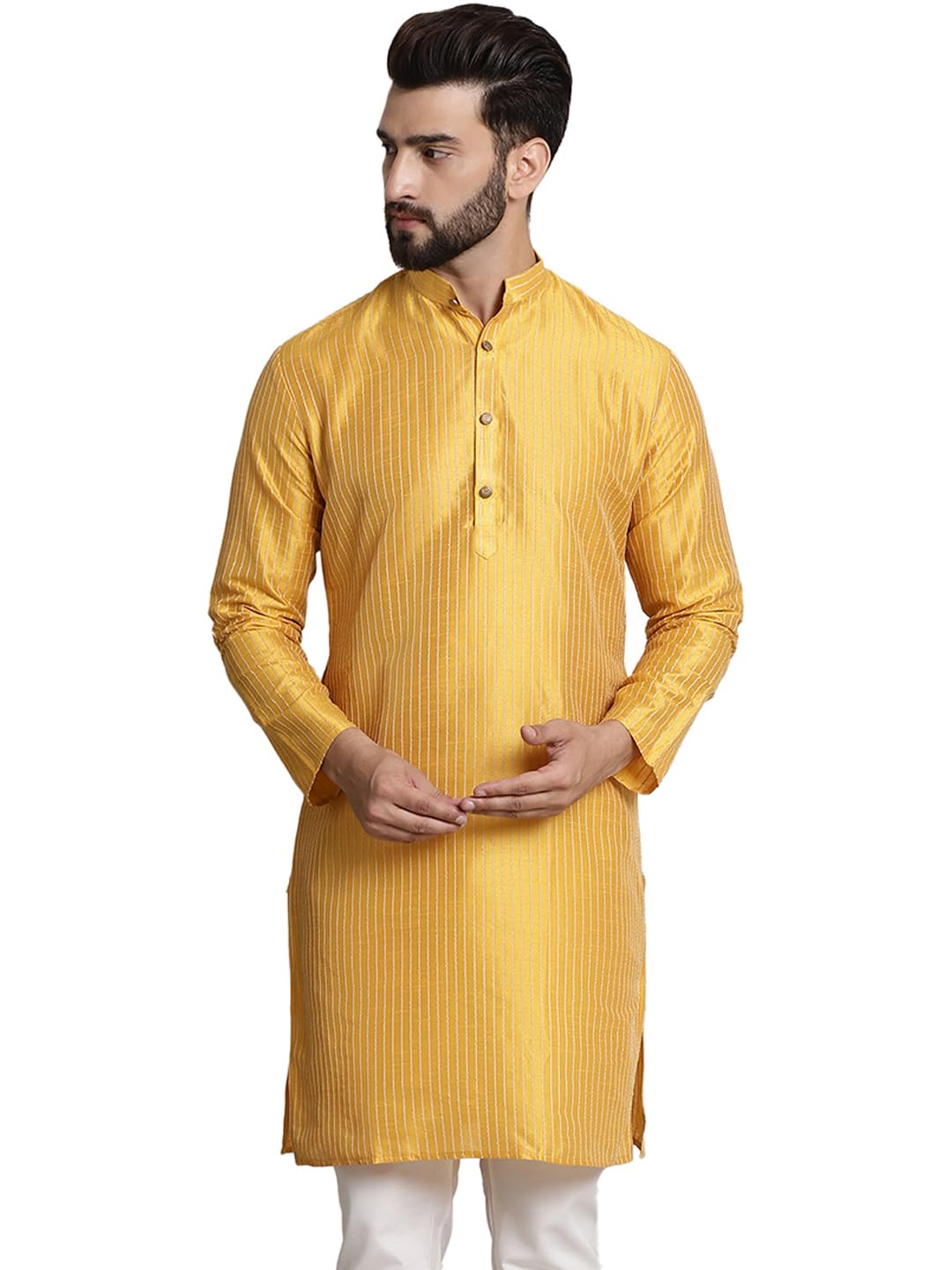 Sojanya (Since 1958 Men's Silk Blend Mustard Color Striped Design Only Long Kurta