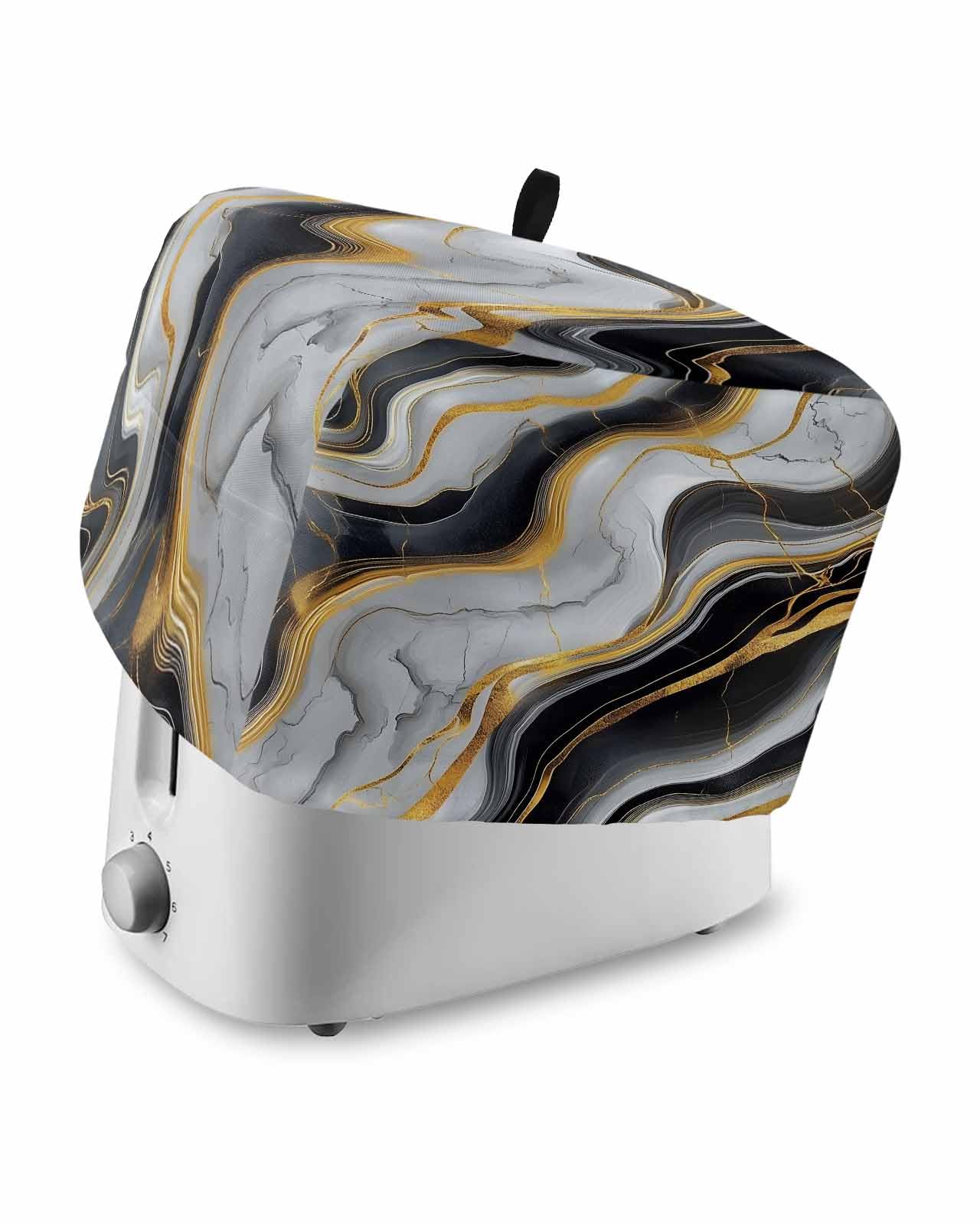 Black Grey Marble 4 Slice Toaster Cover, Abstract Gold Luxury Cracks Marbling Small Appliance Cover Toaster Dustproof Fingerprint Protectors Machine Washable, Large