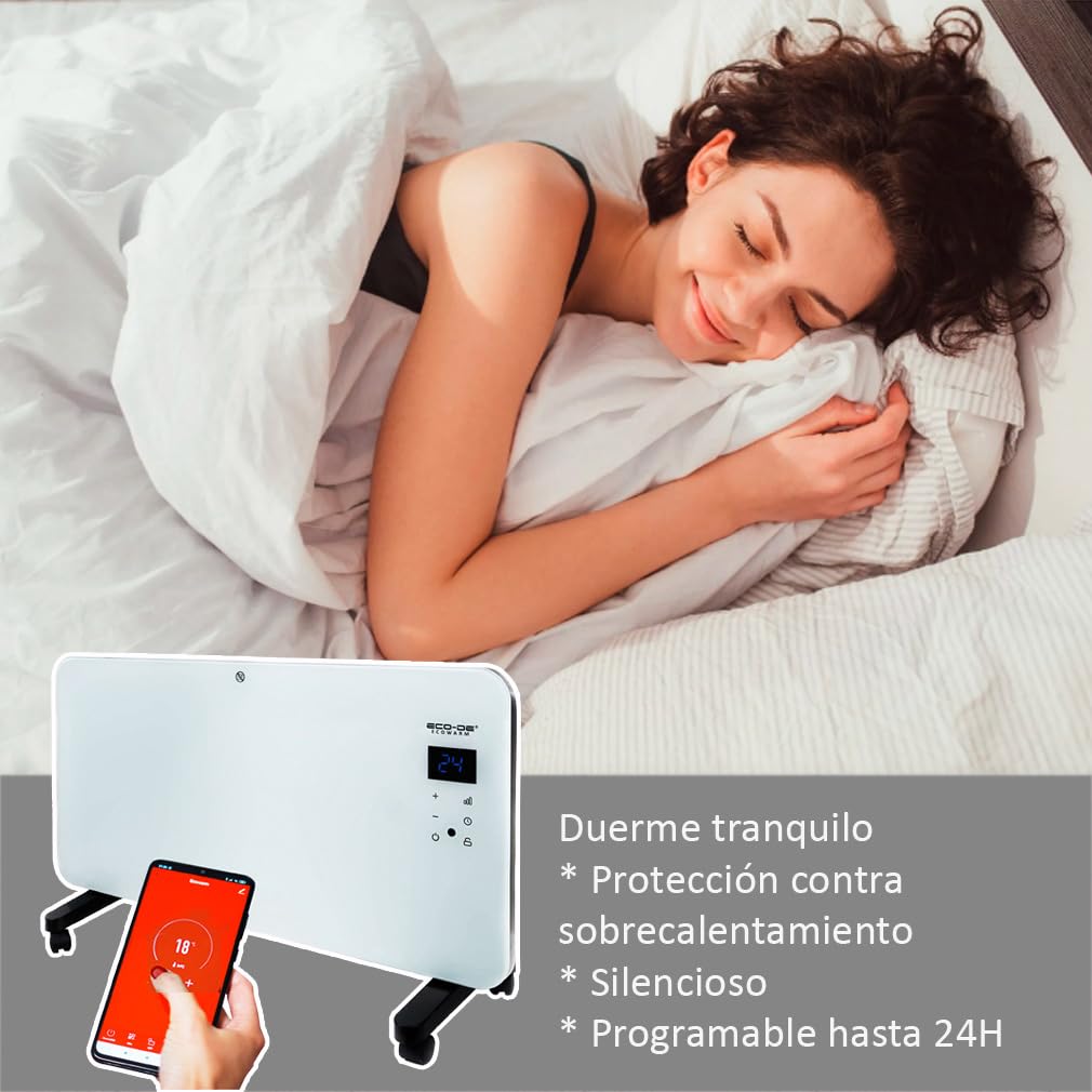 ECODE® Radiador electrico 1500W de Cristal | Silencioso y Programable | Control por Wifi | Uso con Ruedas, Patas o Pared | Temporizador | 2 Potencias | Apto para Baños (IP24) | Pantalla Táctil |
