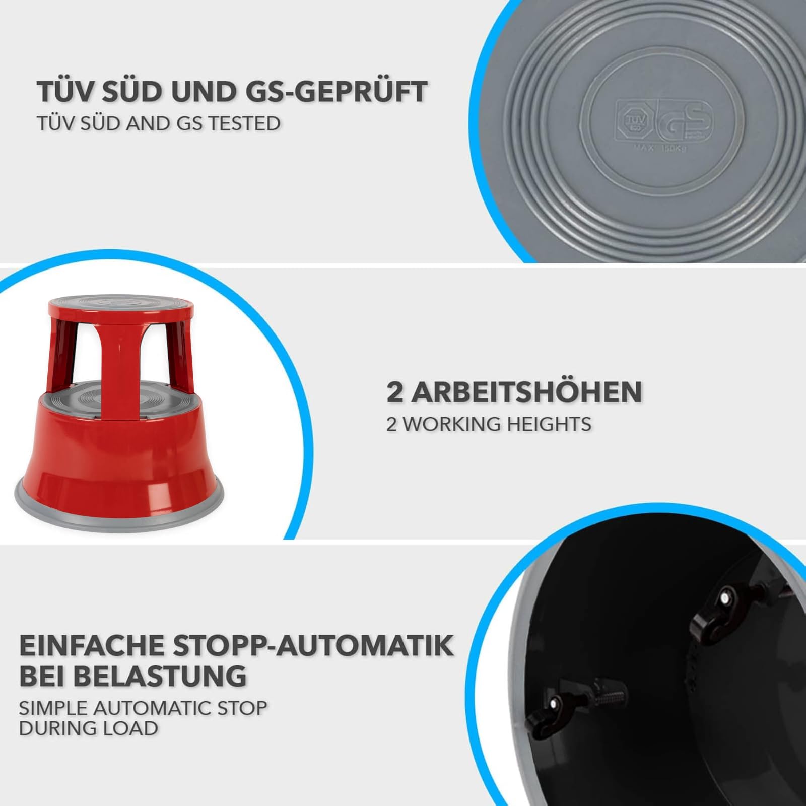 casa pura Stalowy taboret – stołek premium na kółkach | antypoślizgowa gumowa platforma | odporny na wgniecenia i rdzę, obciążenie 150 kg | czerwony