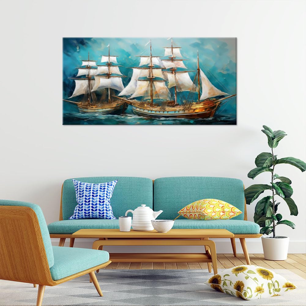 Feeby Stampe Da Parete - Quadri Soggiorno - Navi Navi a vela Turchese retrò - 120x60 cm - Decorazioni Camera Da Letto