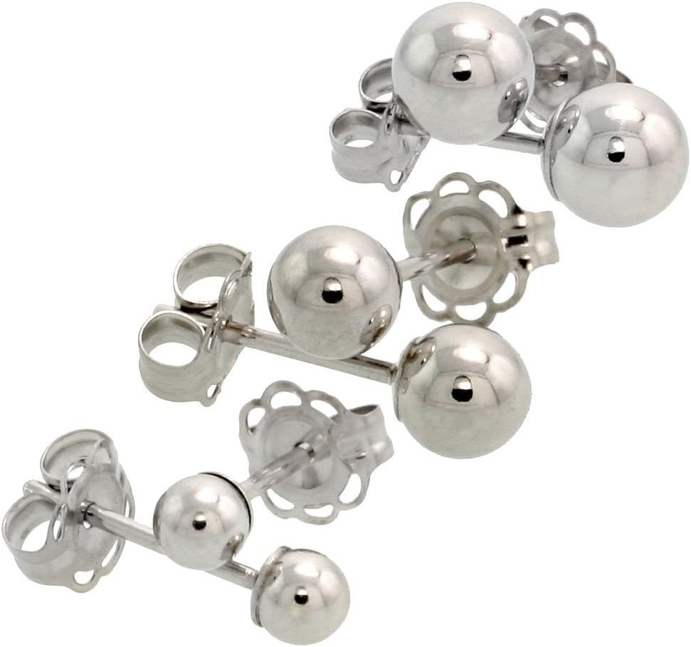 3-Pair 10k Gold Ball Earrings Set/Cartilage Nose Studs, 3mm 4mm 5mm