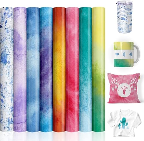 Hojas de transferencia, papel de sublimación de acuarela, papel de transferencia para camisetas en blanco, vasos, tazas, 8 unidades, 12 x 12 pulgadas