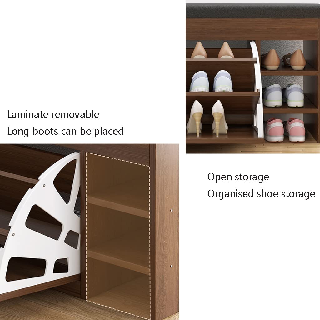 Banc de Rangement pour Chaussures à 3 Niveaux avec Coussin de Siège et Tiroir Rabattable en Bois
