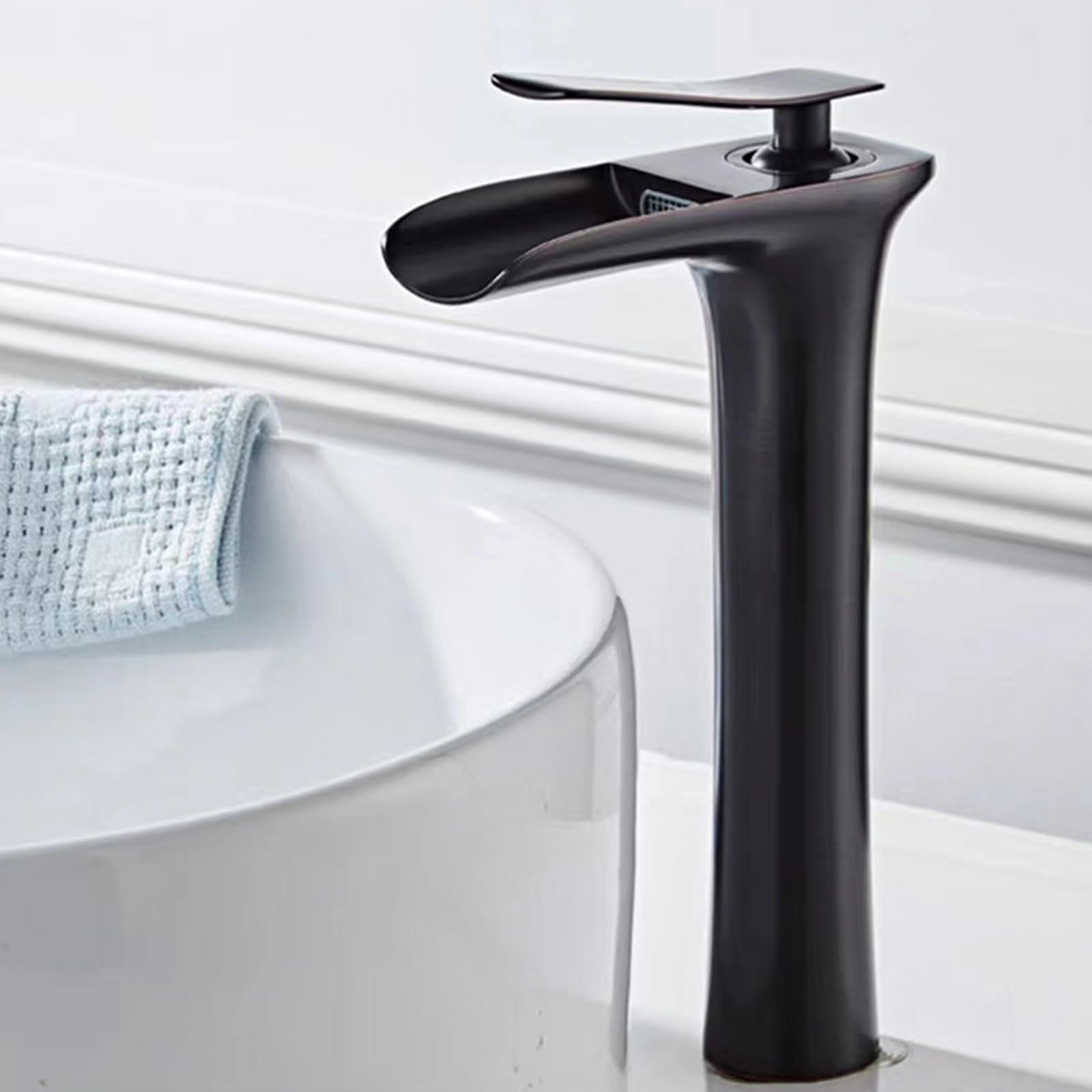 Mischbatterie Waschbecken Wasserfall Badarmatur Waschbecken Hoch Einhebelmischer Bad Waschbecken Wasserhahn Warm Und Kaltmischwasser Vollkupfer Einlochhahn,Retro Schwarz,hoch