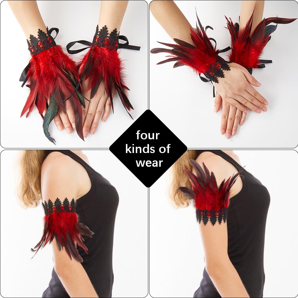 CABODYALS 1 Pair Red Feather Wrist Cuffs Novelty Lace Gloves Floral Angel Wings Bracelets Gothic Mesh Wristband Swan Witch Arm Sleeve for Women Cosplay Halloween Party Performances Costume Accessories - Image 4