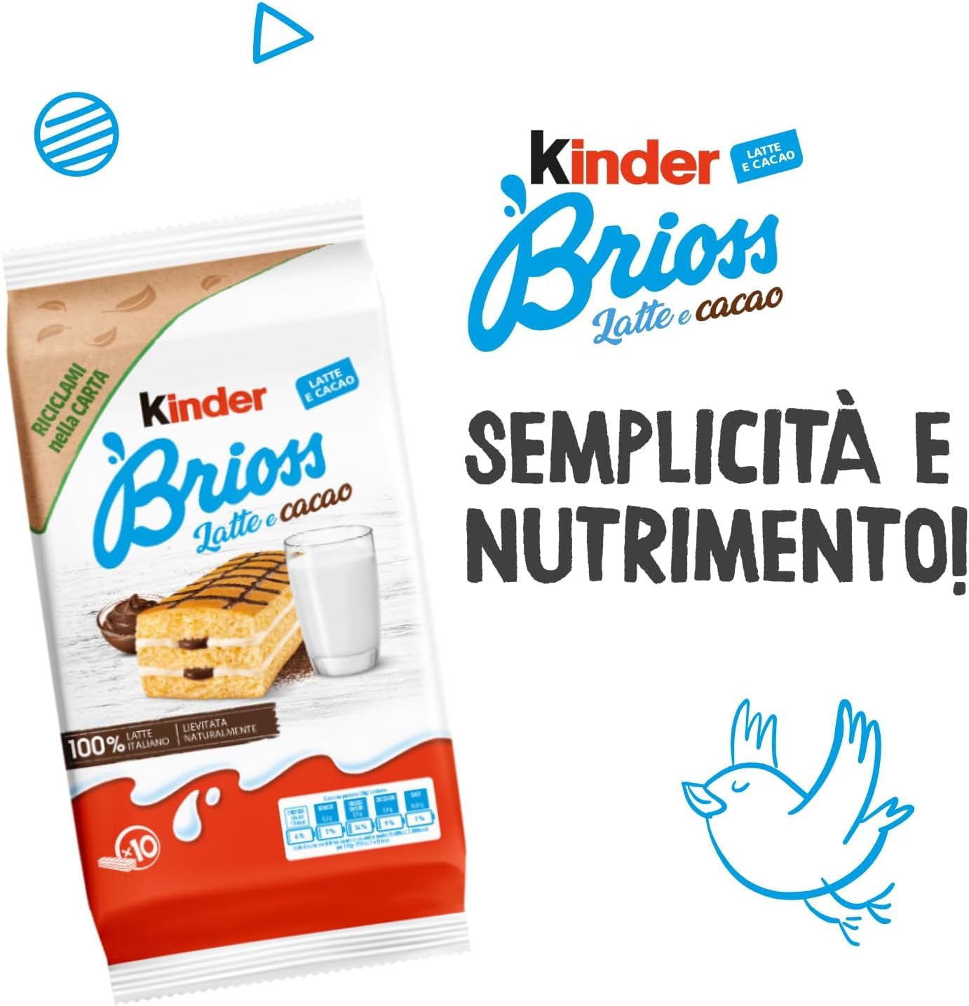 Kinder Brioss Latte e cacao, 10 Snacks Schwammkuchen, natürlich mit Doppelmilch und Kakaofüllung, hervorragend zum Frühstück und Snack, 12x 280g + Italian Gourmet polpa 400g