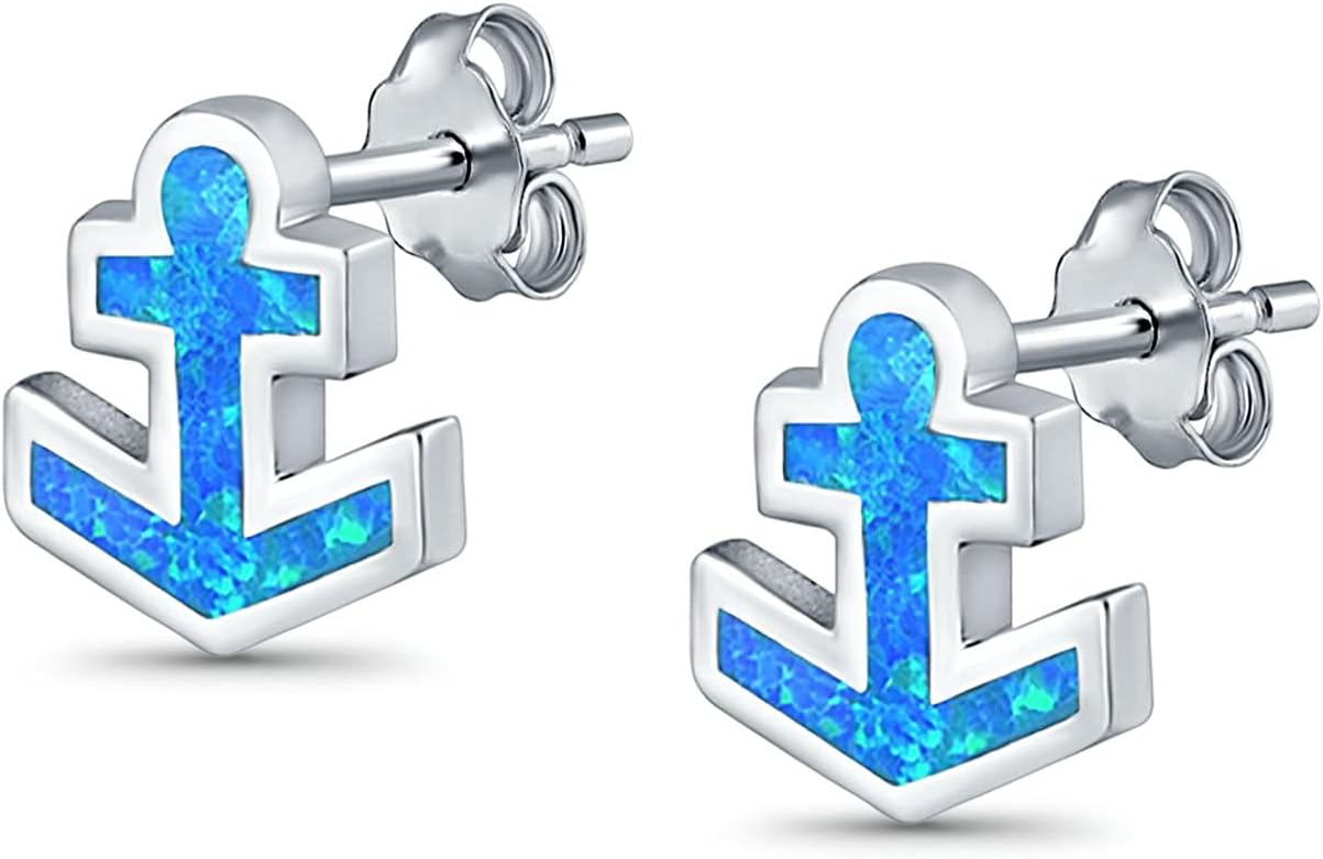 Anchor Stud Earrings Lab Created Opal 925 Sterling Silver (12mm)