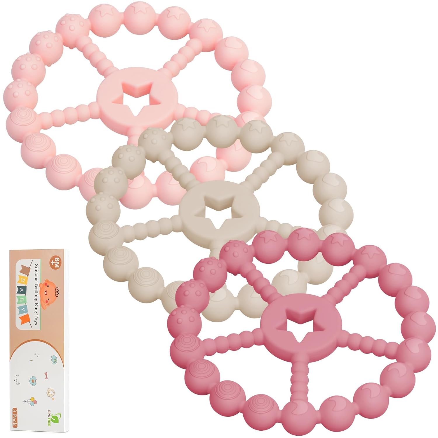 Loviomad 3 Pack Silicone Ring Teethers for Babies 3-12 Months - Food Grade Teething Toys with 5 Textures, Newborn Relief & Shower Gift for Boys/Girls