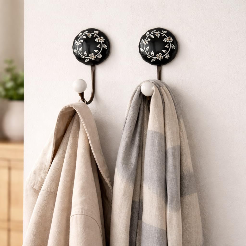 Ceramic Wall Hooks, Black with White Floral Pattern, 2-Pack Decorative Coat Hangers, 8 lb Capacity (2, Black)